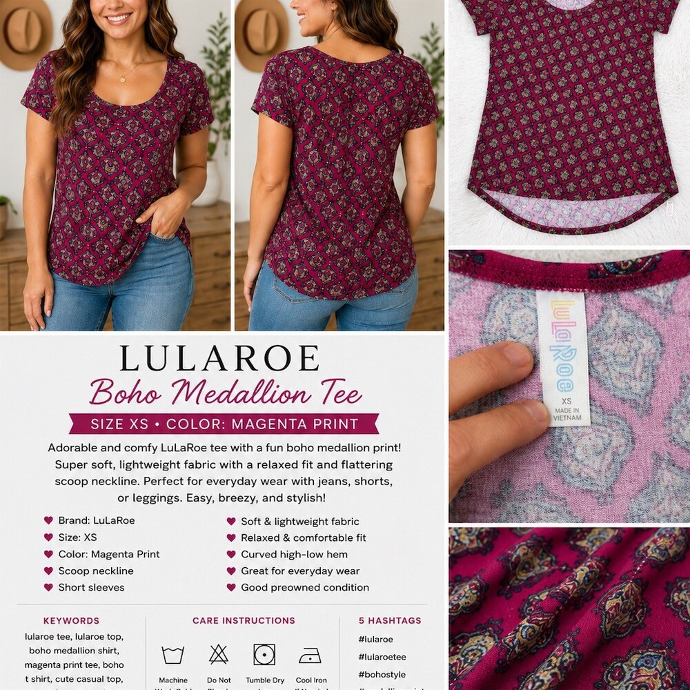 LuLaRoe Classic Tee Womens XS Magenta Boho Geometric Scoop Neck High-Low